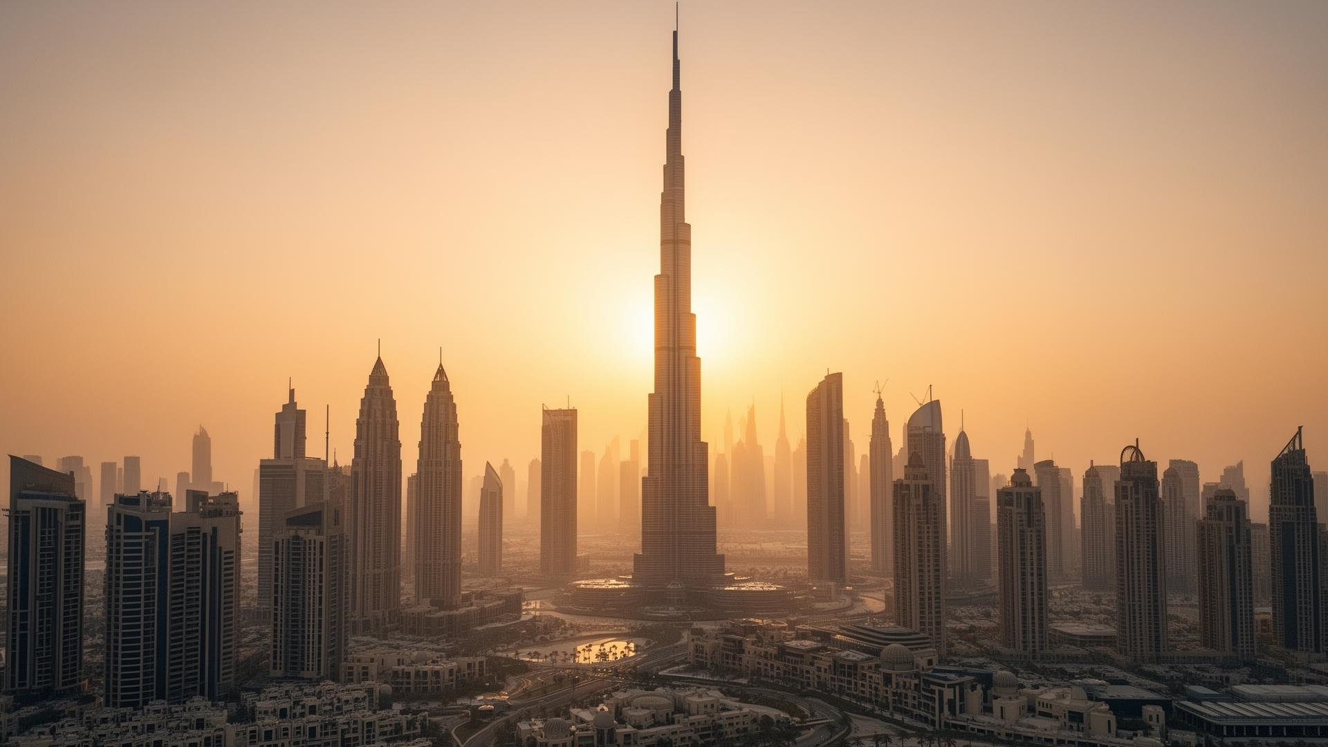 Dubai skyline at golden hour with the Burj Khalifa